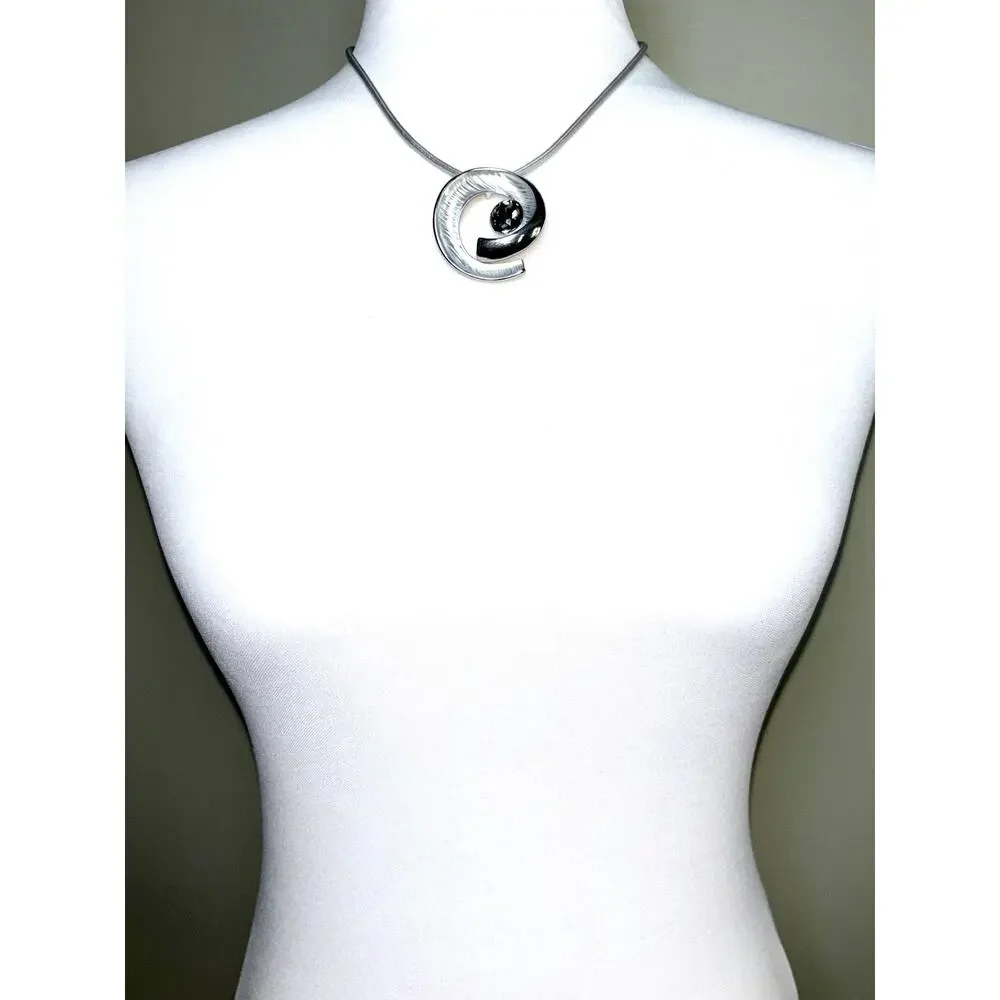 Silver Tone Textured Spiral Pendant Smoky Crystal Statement Necklace EUC